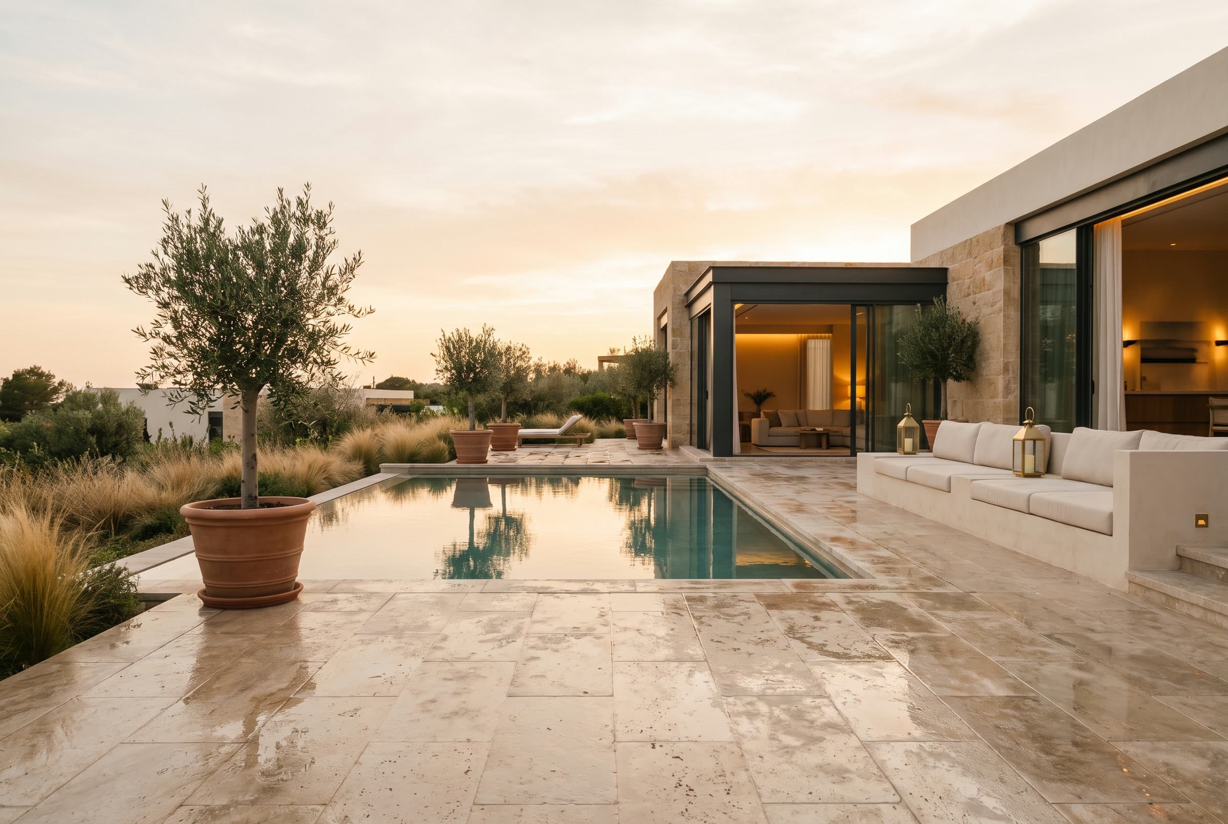 Villa Terası — Traverten · Derin temizlik & koruma