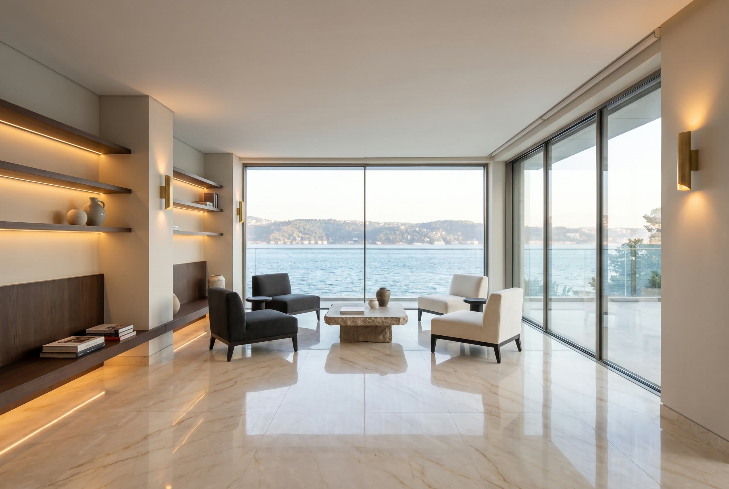 Villa Salonu — Krem mermer · Silim & parlatma